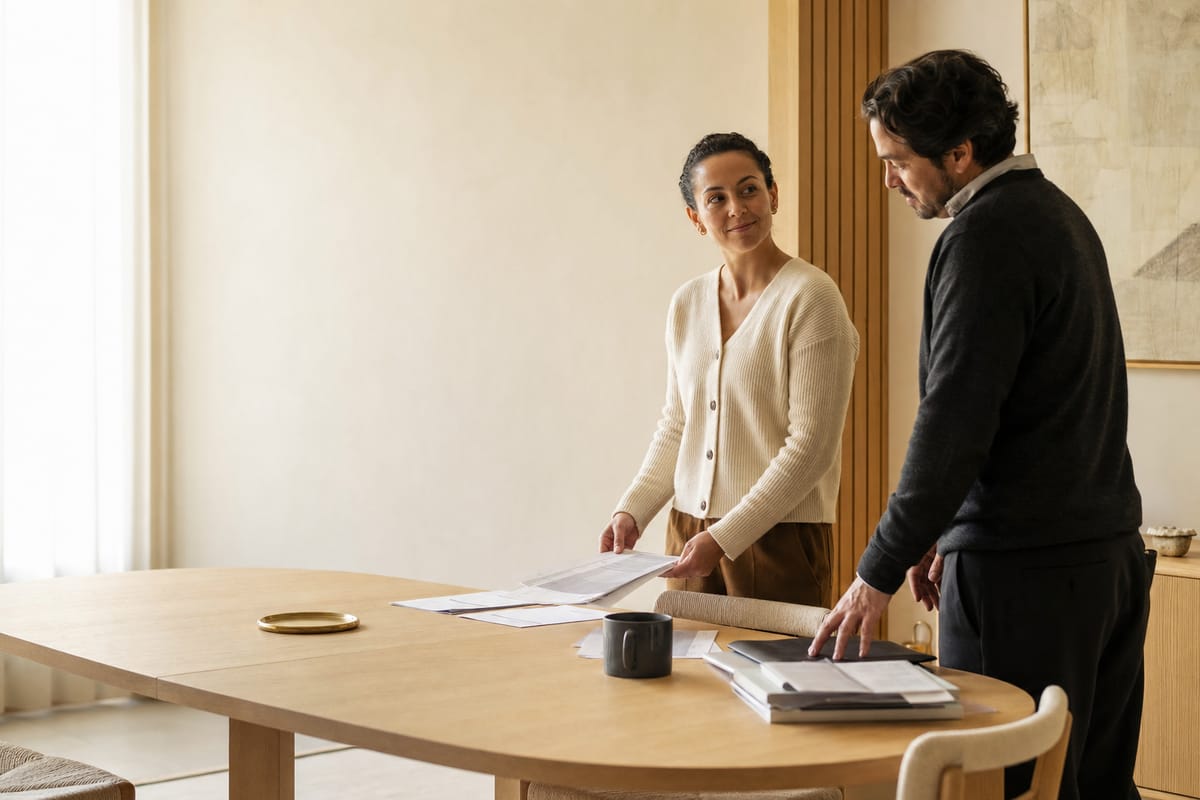 Two people at the end of a meeting, papers being gathered, shoulders relaxed.